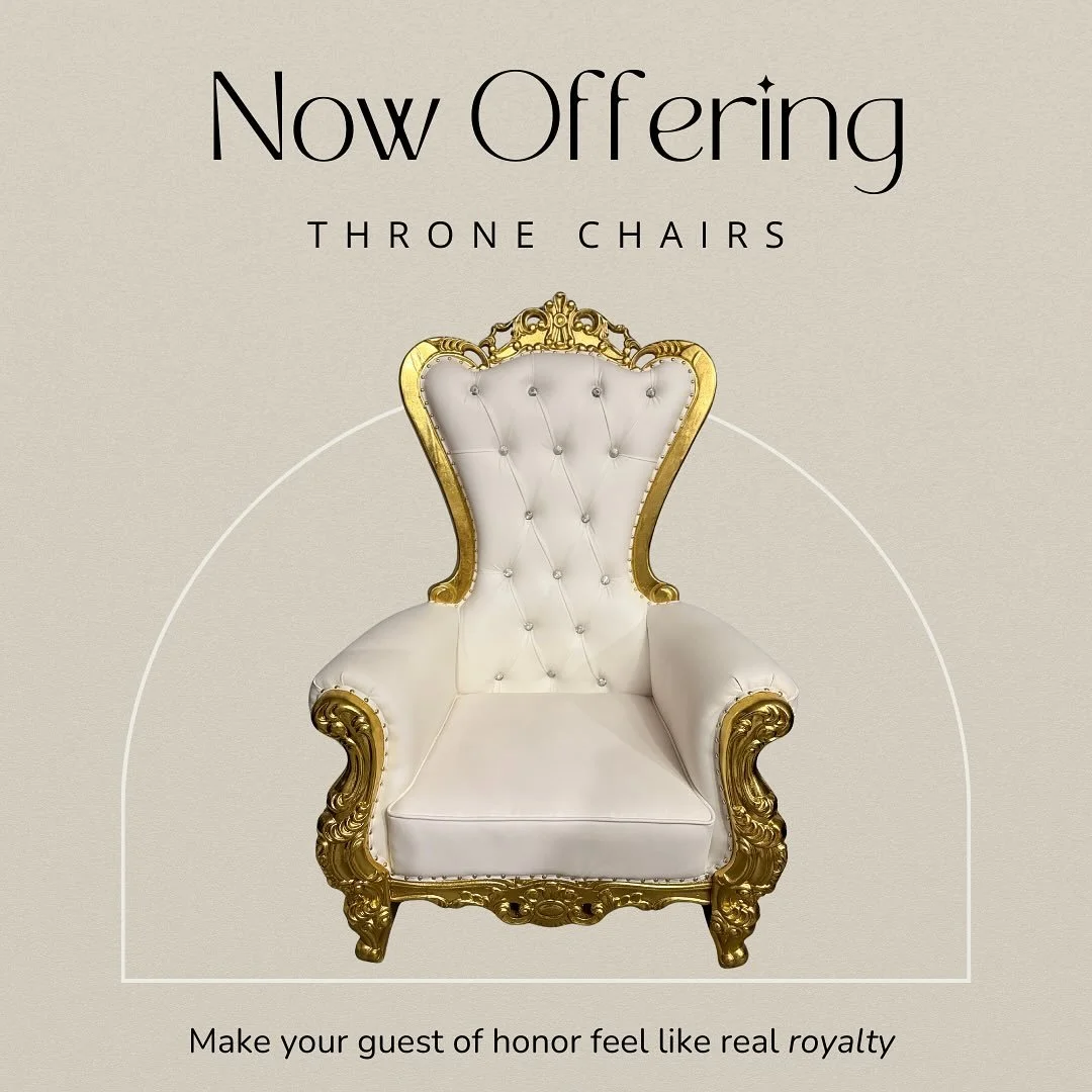 We are now offering THRONE CHAIR RENTALS👑

Give your celebration that luxury statement moment with our throne chair &mdash; perfect for:

💍 Weddings
🤍 Bridal Showers
🎀 Baby Showers
🎂 Birthday Setups
👑 Quince Events

If you&rsquo;ve been wanting