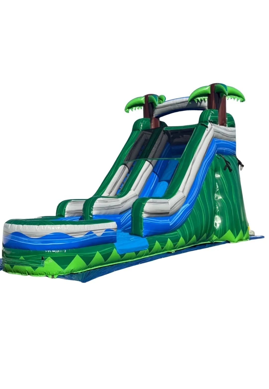 Green and blue tropical waterslide inflatable rental for summer parties and events in Tri-Cities WA by Luna Event Rentals