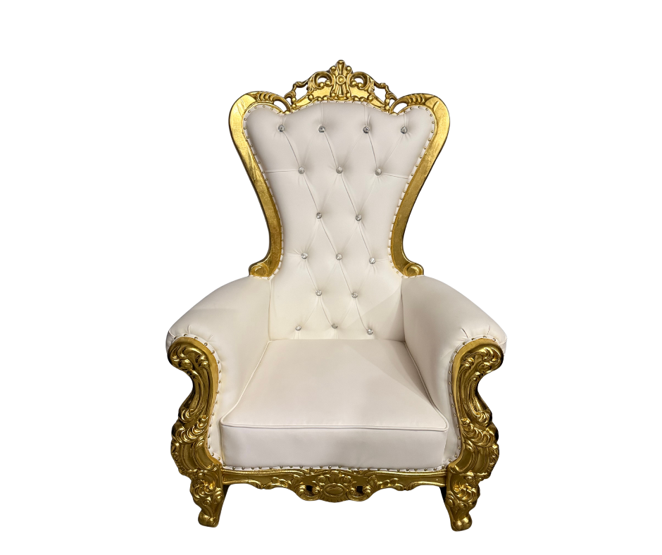 White and gold throne chair rental with tufted upholstery for luxury weddings, quinceañeras, birthdays, and VIP events