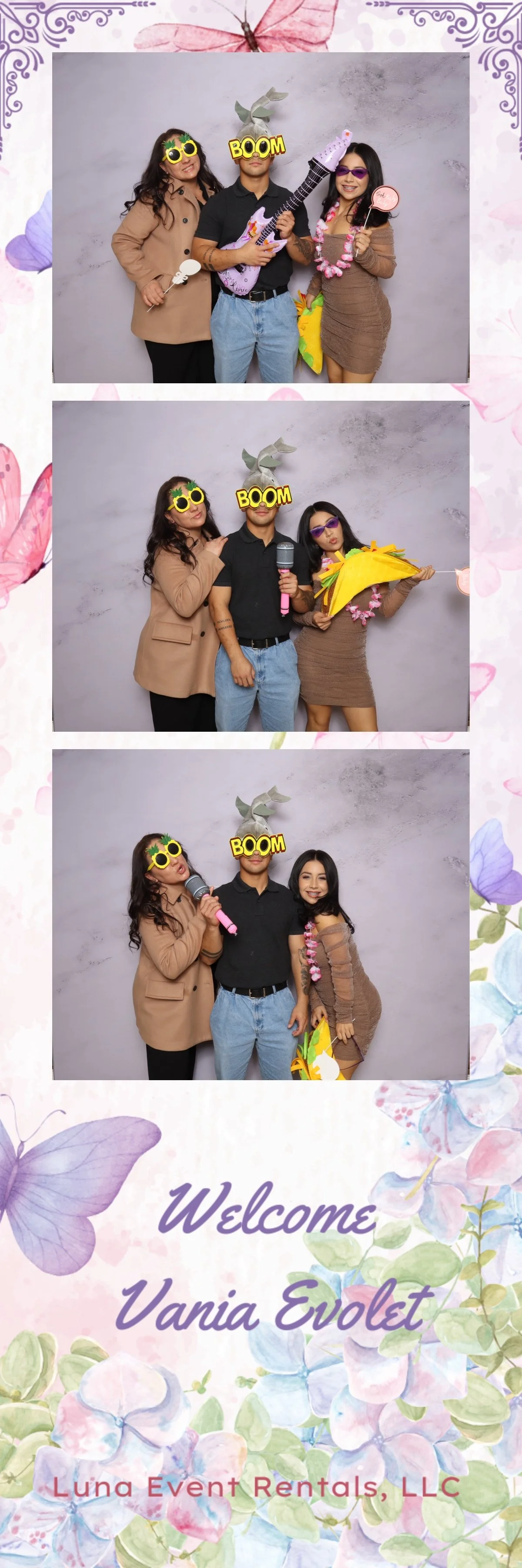 Personalized event photo booth template with custom welcome message and floral design, featuring guests celebrating a special occasion