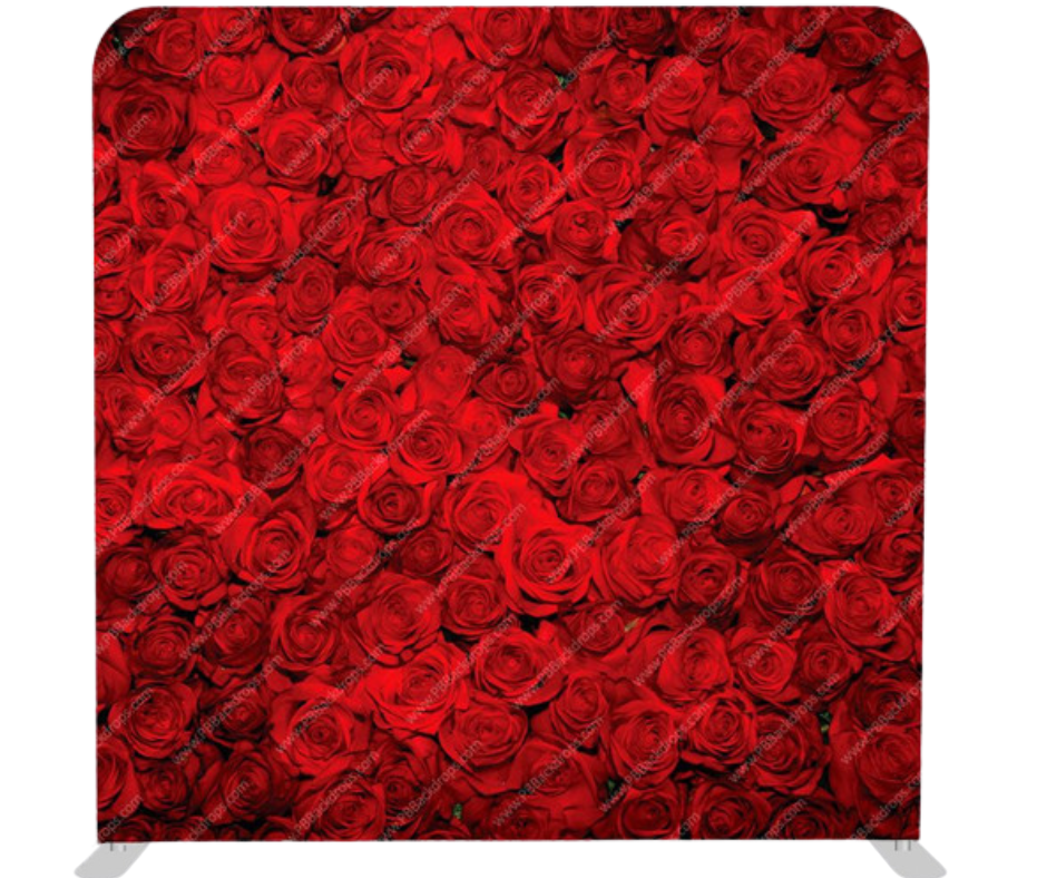Lush red rose wall photo booth backdrop rental for weddings and romantic events in Tri-Cities WA by Luna Event Rentals