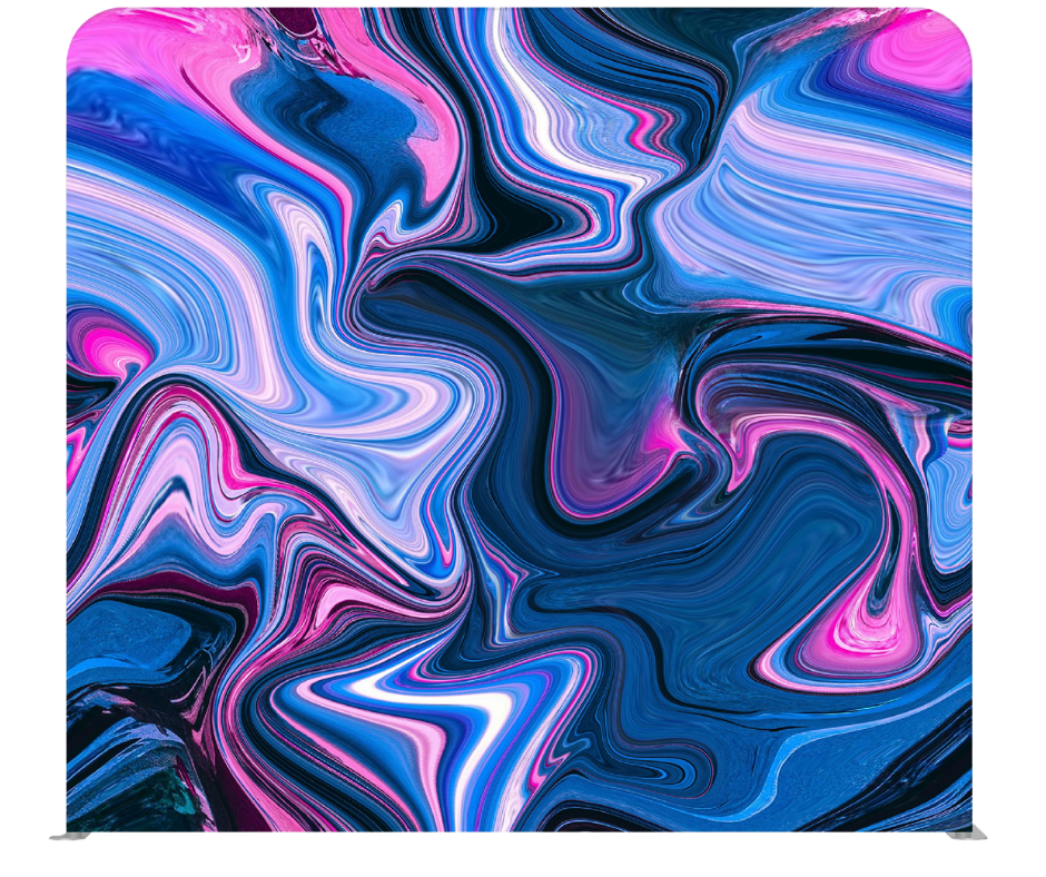 Colorful abstract photo booth backdrop with blue and pink swirls for fun, modern events