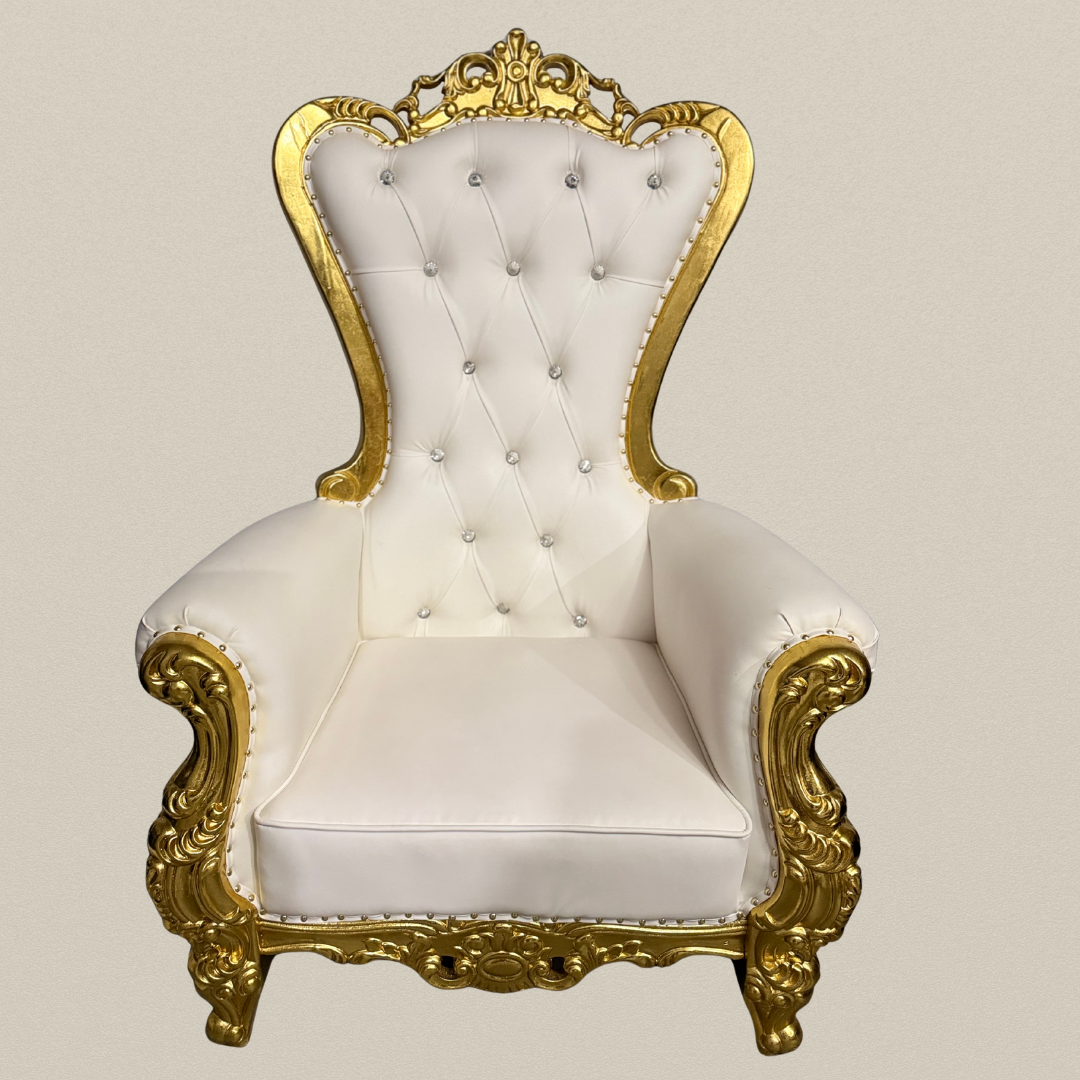 "Elegant white tufted leather throne chair with ornate gold frame and crystal accents available for rental in Tri-Cities WA by Luna Event Rentals