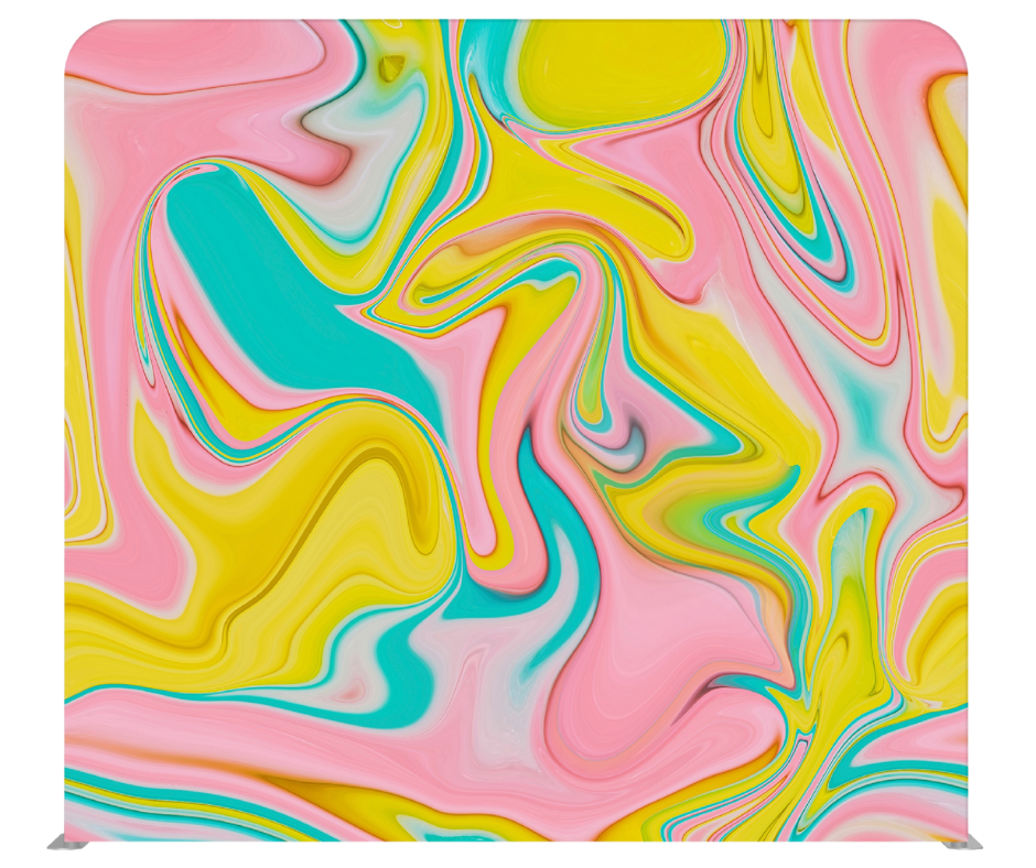 Colorful pink yellow and teal swirl abstract photo booth backdrop rental for birthday parties and quinceañeras in Tri-Cities WA by Luna Event Rentals