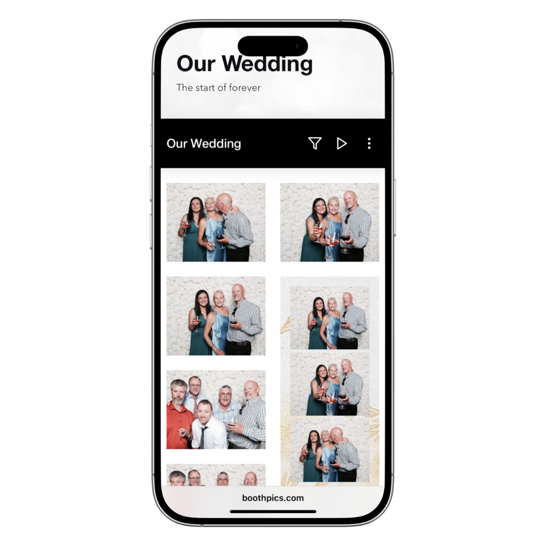 Mobile phone displaying private online gallery with wedding photo booth pictures from Luna Event Rentals in Tri-Cities WA