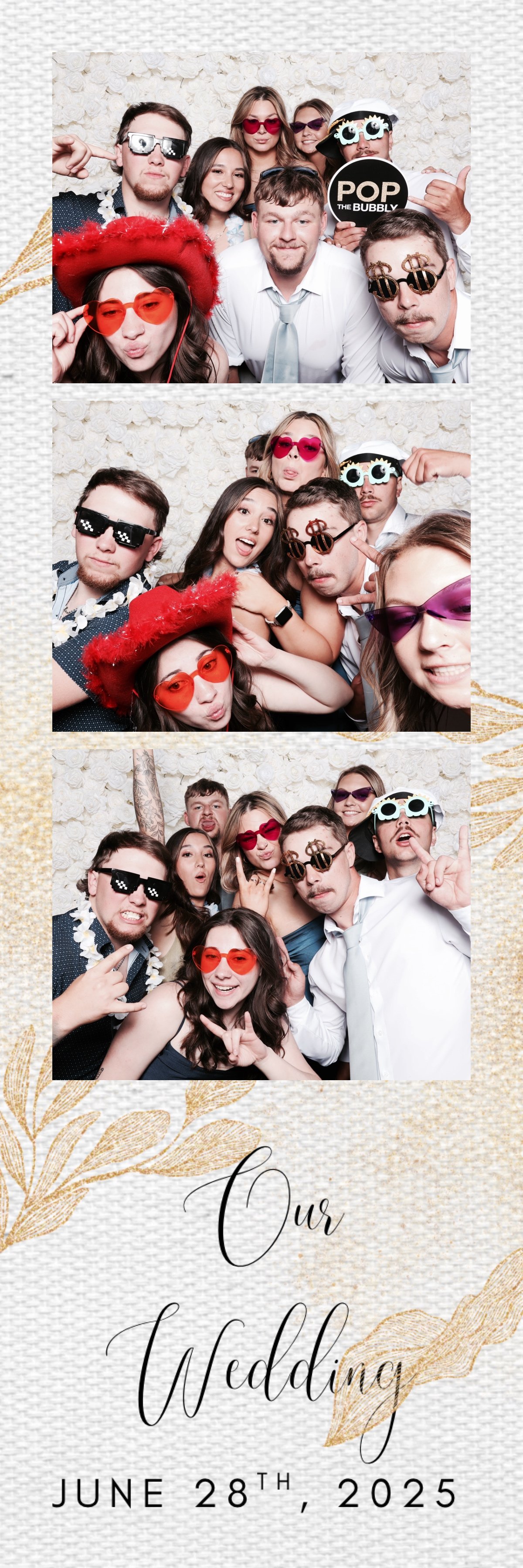 Custom 2x6 wedding photo strip layout design with gold floral theme from Luna Event Rentals photo booth in Tri-Cities WA