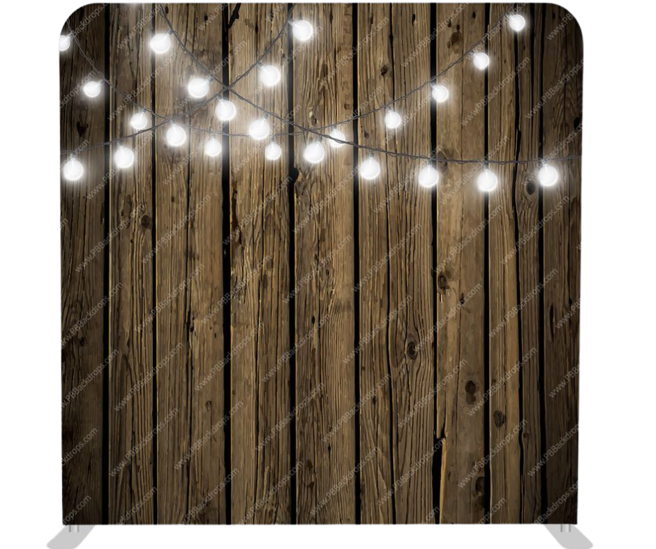 Rustic barnwood photo booth backdrop with warm string lights available for rental in Tri-Cities WA by Luna Event Rentals