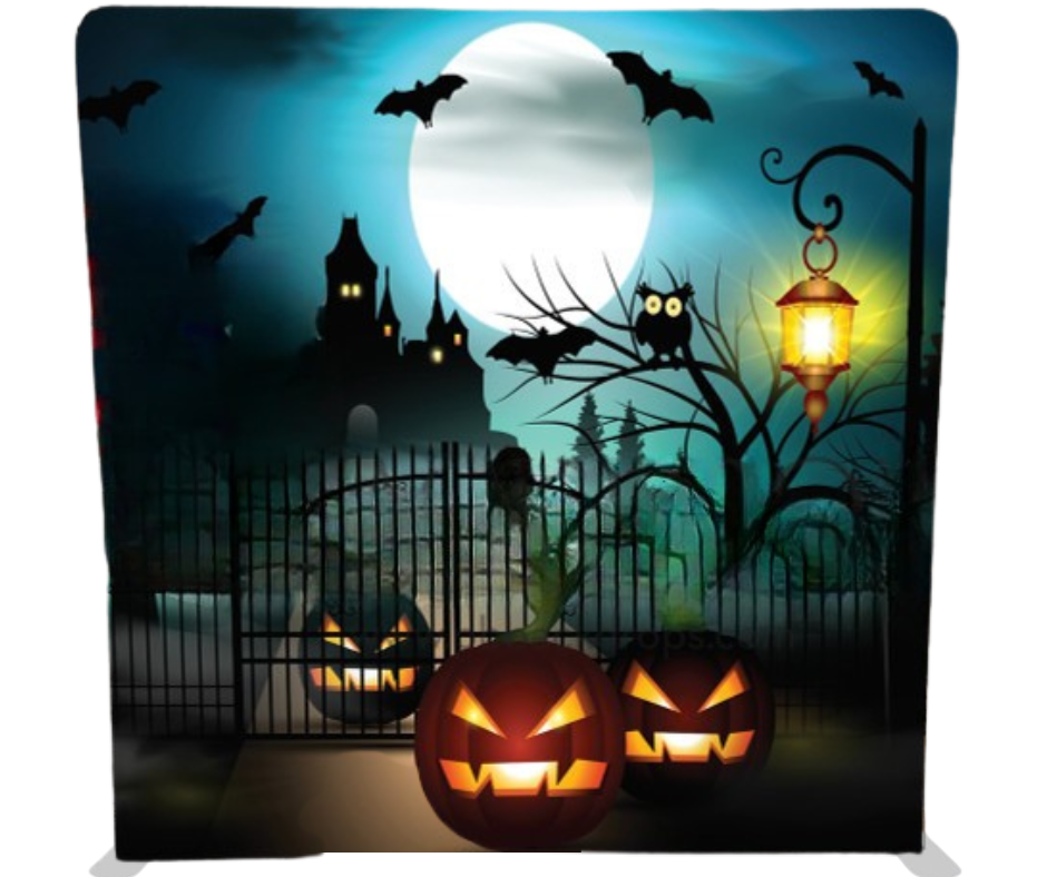 Halloween spooky night photo booth backdrop with jack o lanterns bats haunted castle and full moon for rental in Tri-Cities WA by Luna Event Rentals