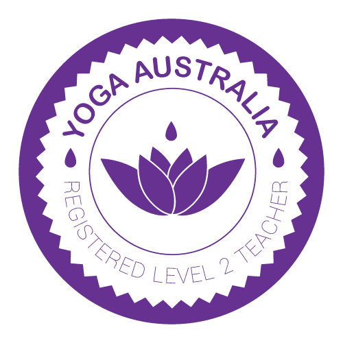 Purple circular badge with a lotus flower and water droplets, reading "Yoga Australia" and "Registered Level 2 Teacher."
