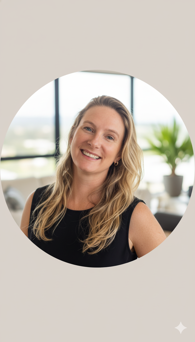 Smiling woman with long wavy blonde hair wearing a black sleeveless top, sitting in a modern office with large windows and a plant in the background.