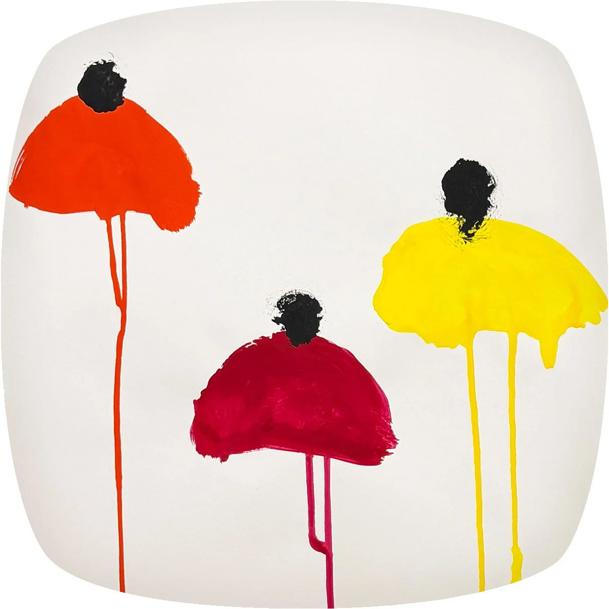 Abstrakte Illustration von drei bunten Regenschirmen in Rot, Gelb und Pink mit schwarzen Silhouetten von Frauen, die den Regenschirm halten, auf weißem Hintergrund.