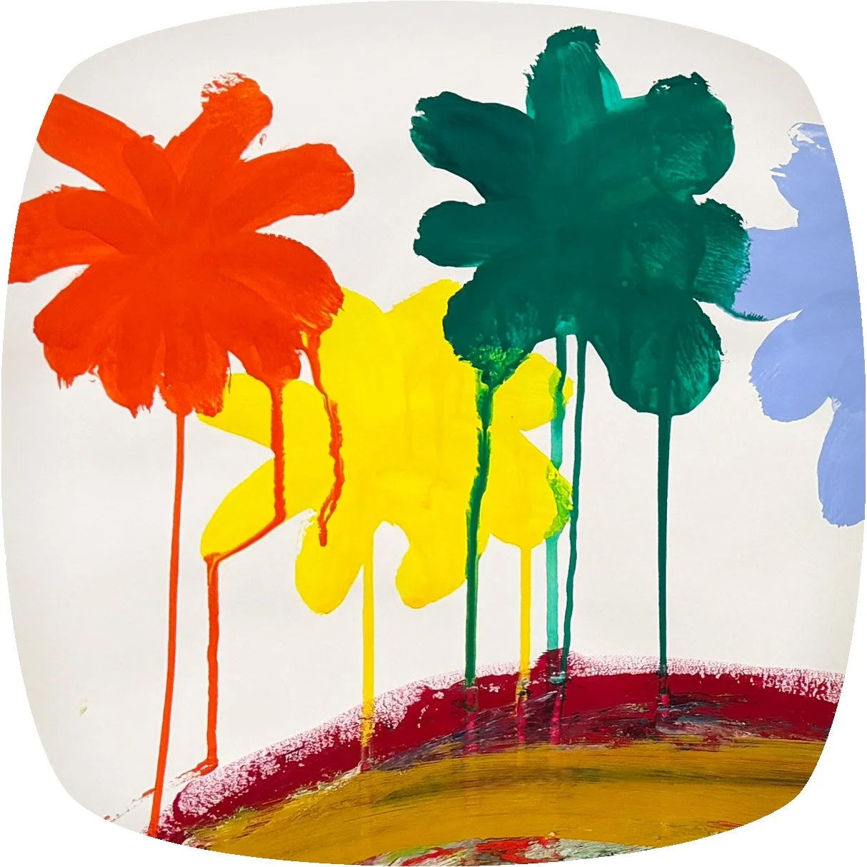 Abstraktes Gemälde mit grossen Blumen in Rot, Gelb, Grün und Blau auf weissem Hintergrund.
