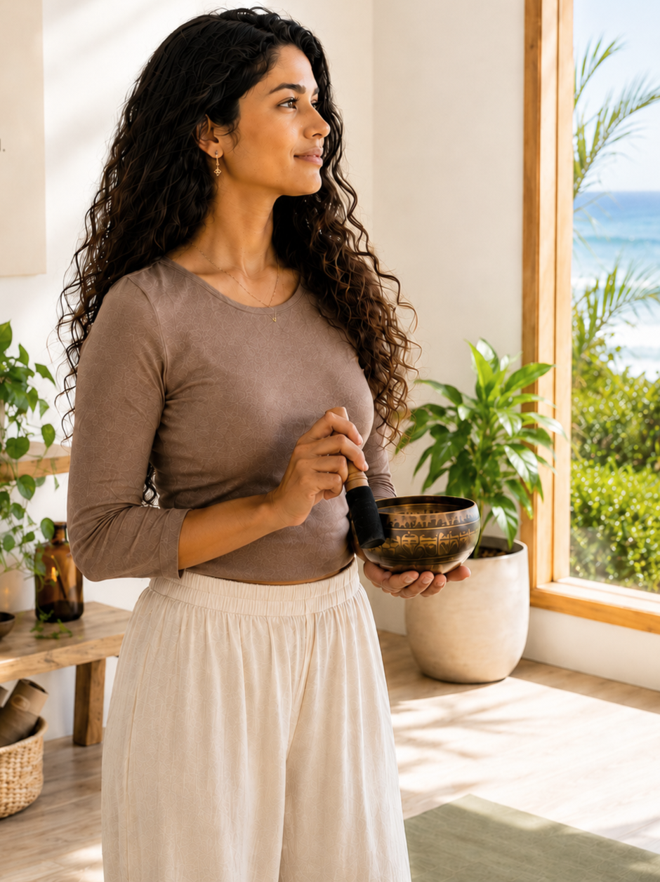 A woman with long curly hair holding a Tibetan singing bowl and mallet, standing in a bright room with large windows and plants, overlooking the ocean.