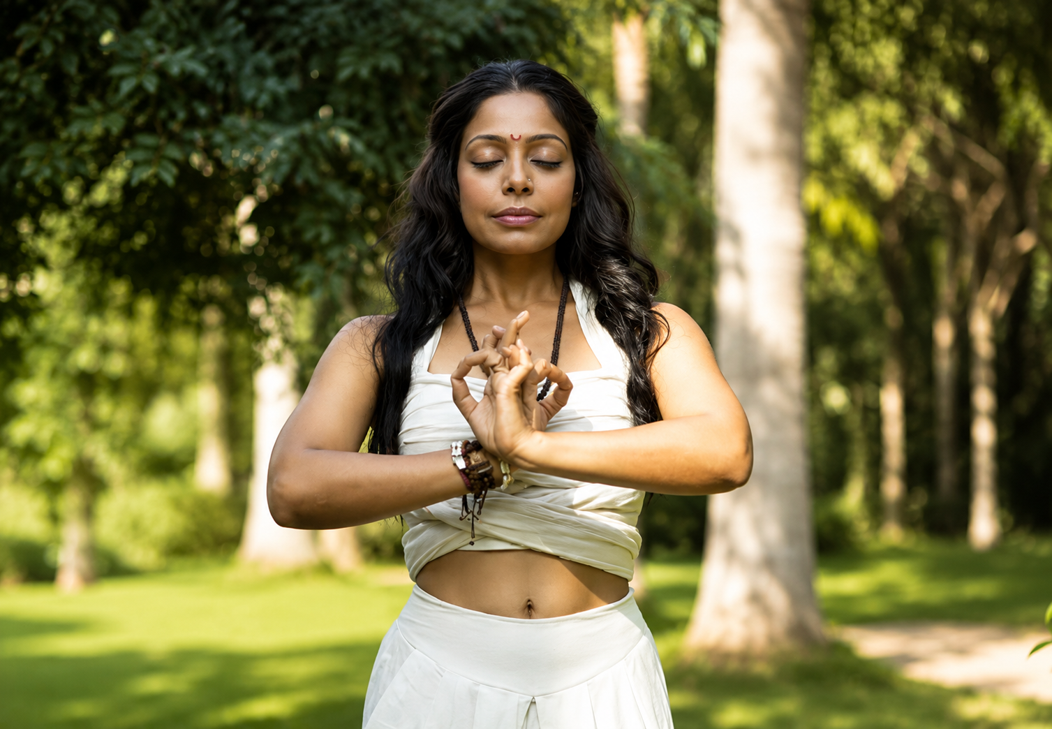A woman practicing yoga outdoors in a peaceful, green park with trees in the background, standing with closed eyes and hands in a prayer position.