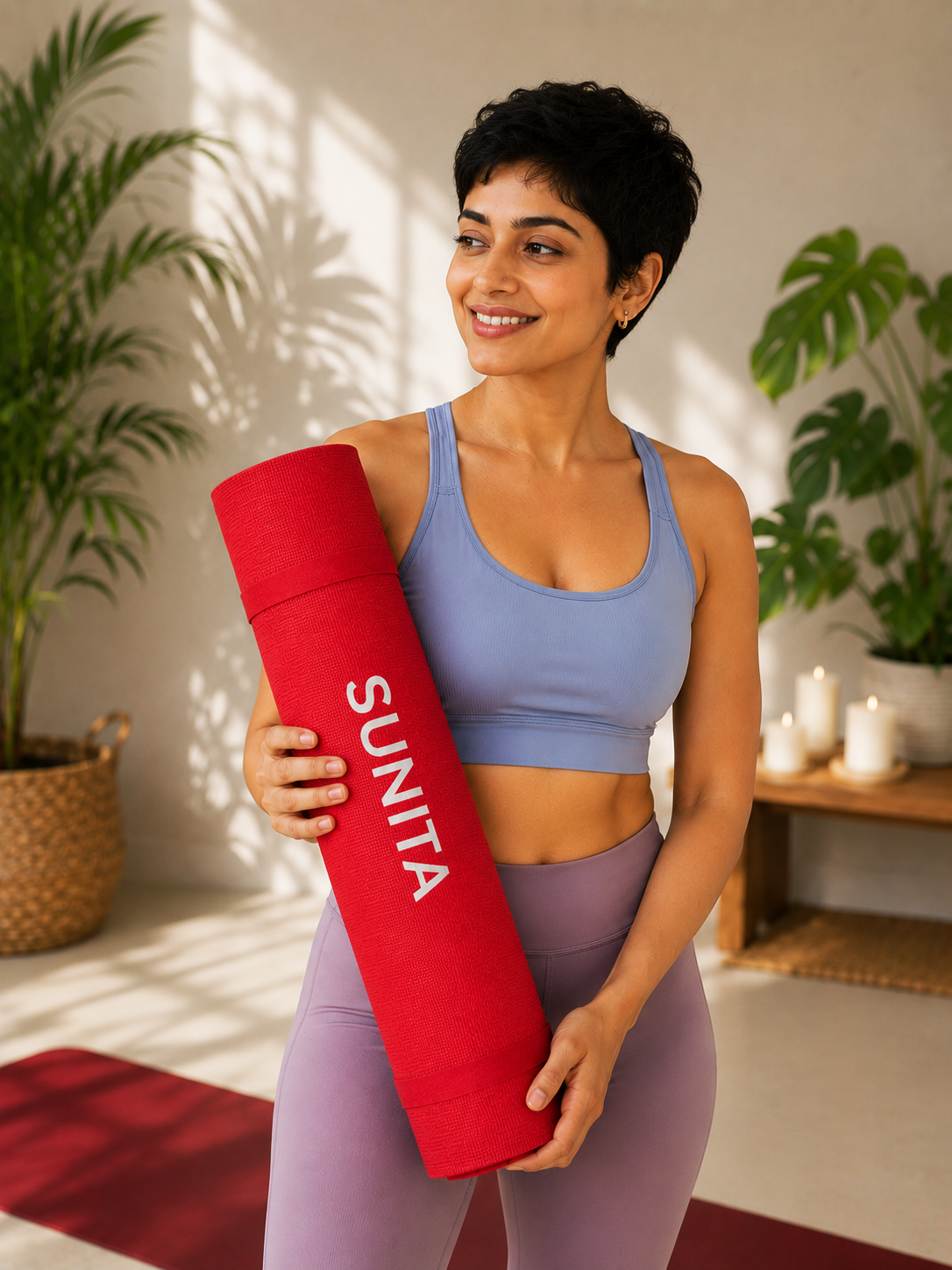 Woman in purple workout clothes holding a red yoga mat with 'SUNTA' written on it, standing in a room with plants and candles.