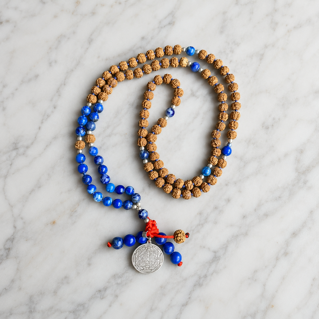 Lapis Lazuli & Rudraksha Mala with Silver Sri Yantra Pendant