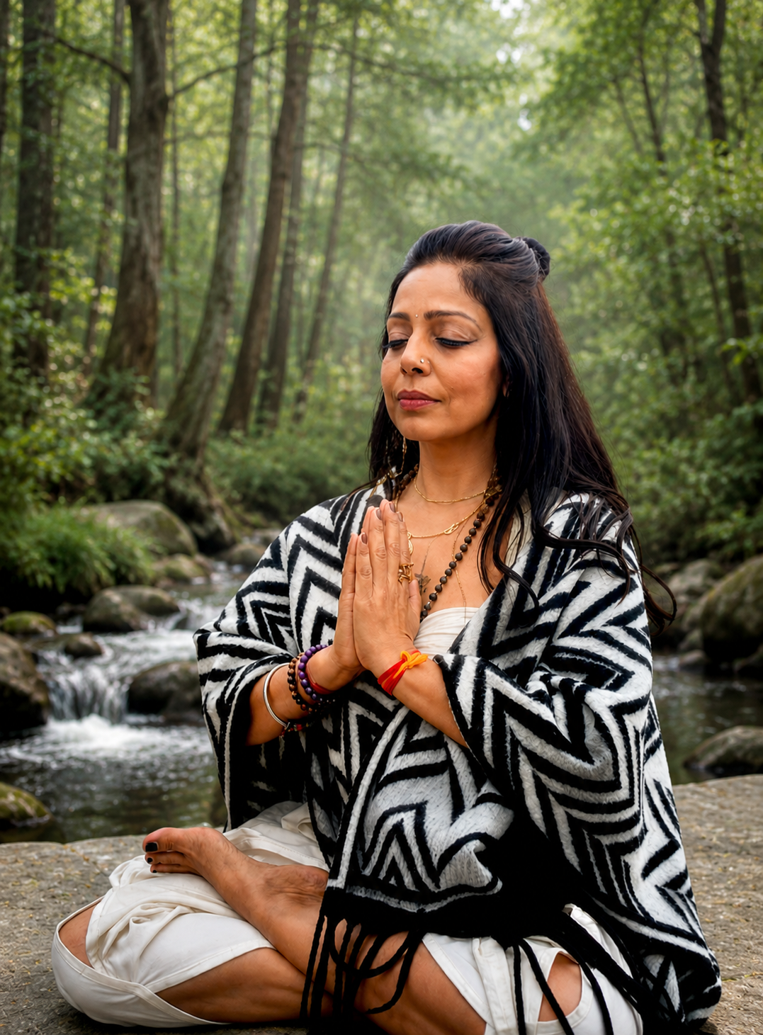 A woman practicing meditation outdoors near a stream in a forest, sitting cross-legged with hands in prayer position.