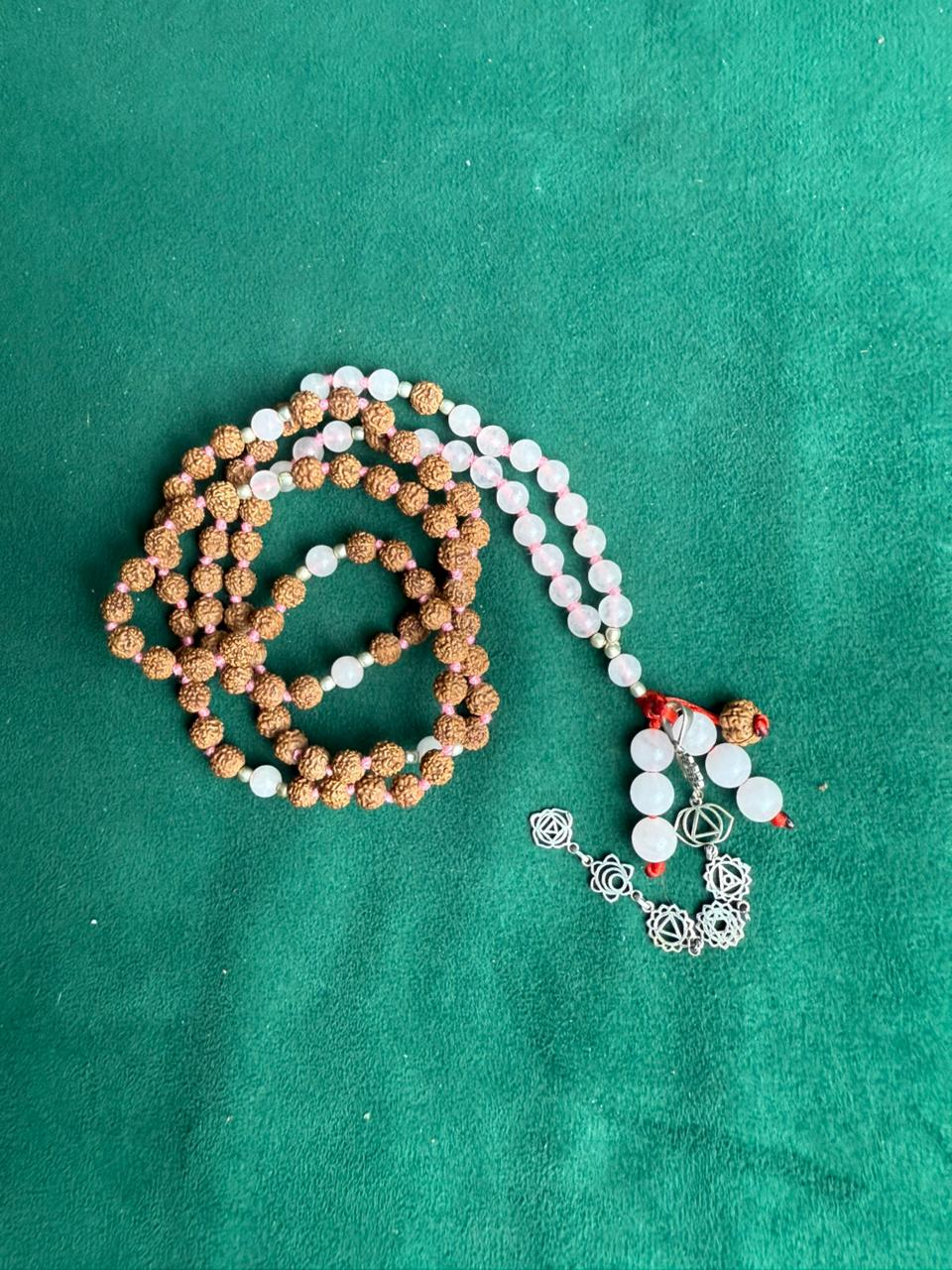 Rose Quartz & Rudraksha Mala with 7 Chakras and Silver Accents