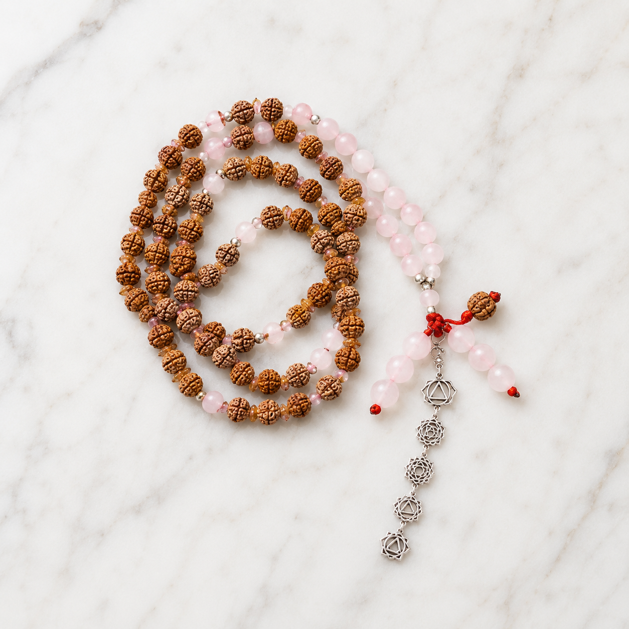 Rose Quartz & Rudraksha Mala with 7 Chakras and Silver Accents