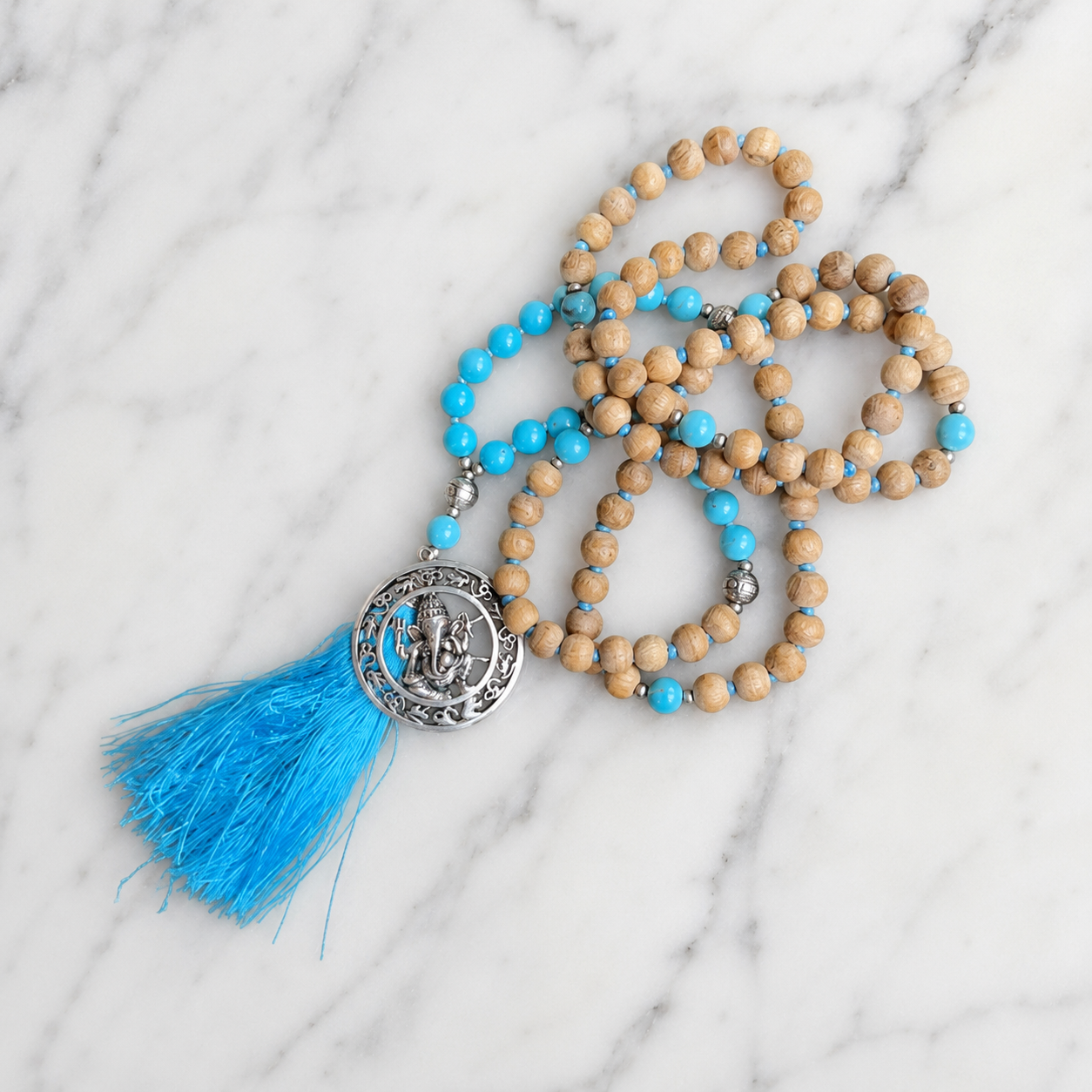 Sandalwood & Turquoise Mala with Ganesha Pendant