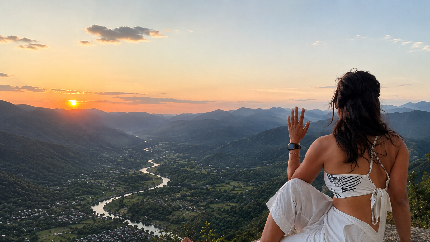 Woman sitting on a cliff overlooking a valley with a river, mountains, and a sunset.
