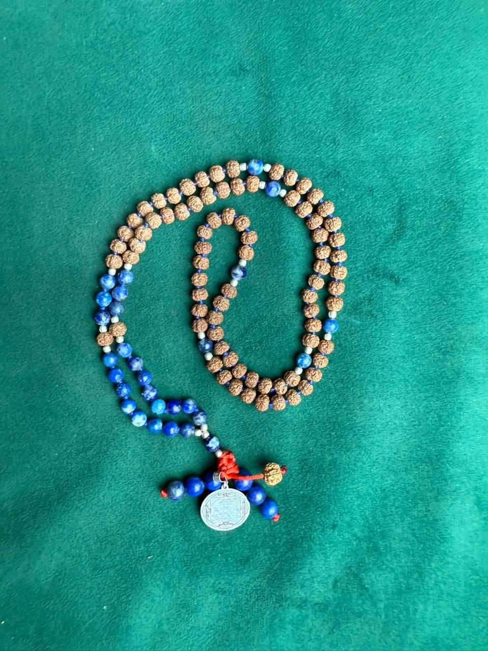Lapis Lazuli & Rudraksha Mala with Silver Sri Yantra Pendant