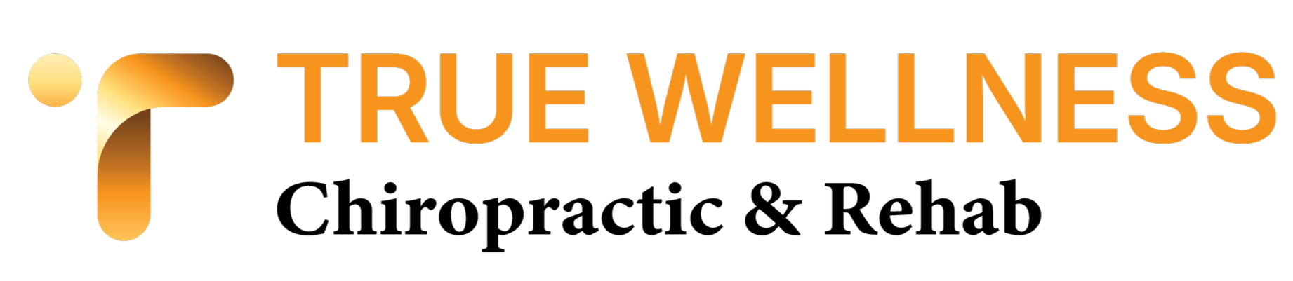 Logo with a stylized orange and beige leaf or swoosh shape and the words "TRUE WELLNESS" in bold orange letters.