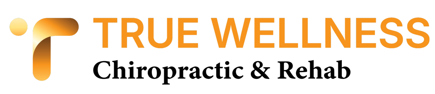 Logo with rounded orange and black design elements and the text 'TRUE WELLNESS' in orange capital letters.
