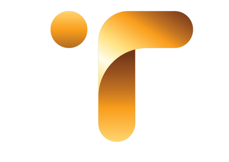 Stylized gold letter T with a circular dot above it, on a black background.