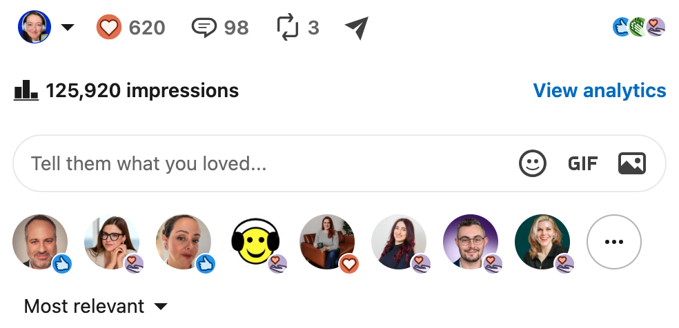 LinkedIn post analytics showing 125,920 impressions, 620 reactions, 98 comments, and three reposts.
