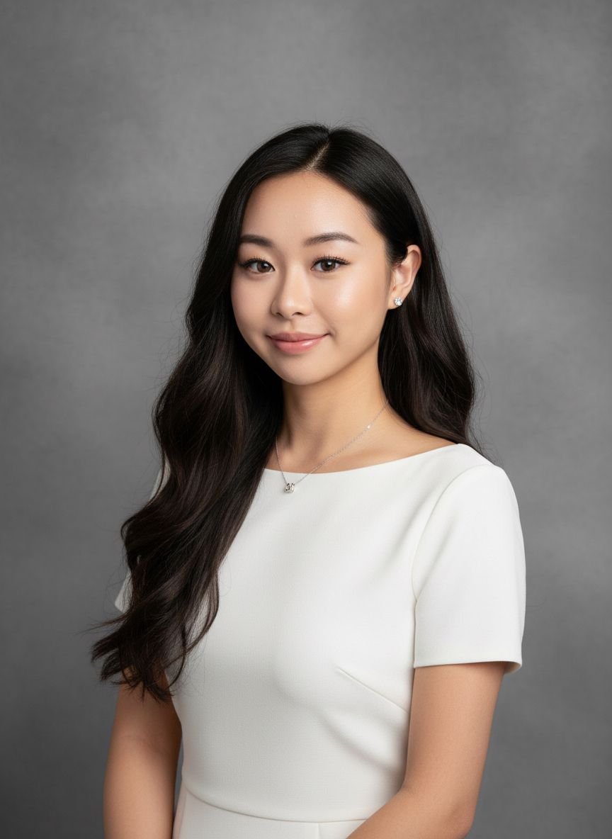 A smiling young woman with curly hair, glasses, hoop earrings, and layered necklaces, wearing a striped shirt, indoors with natural light