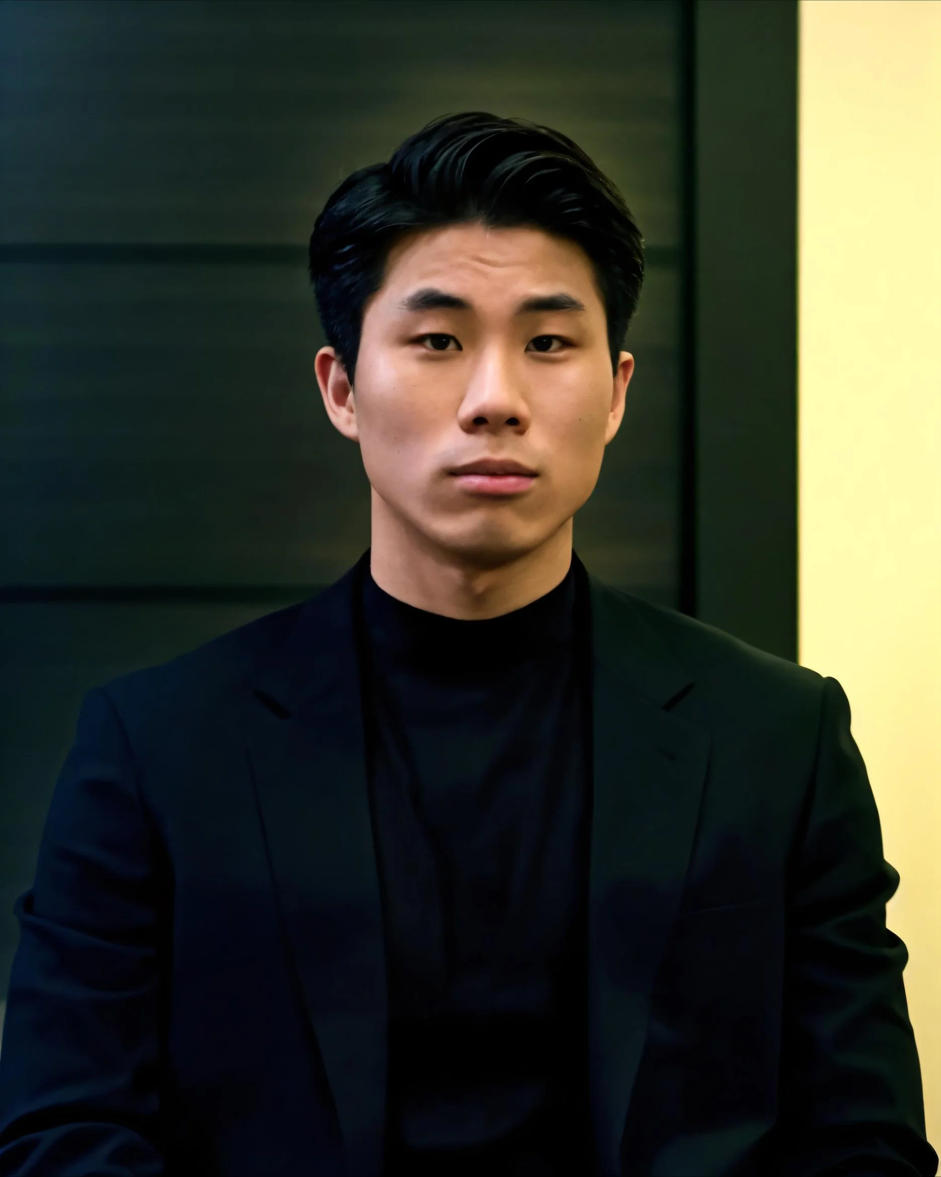 A man with curly dark hair, glasses, and a beard, wearing a black sweater, looking thoughtfully to the side indoors near a plant.