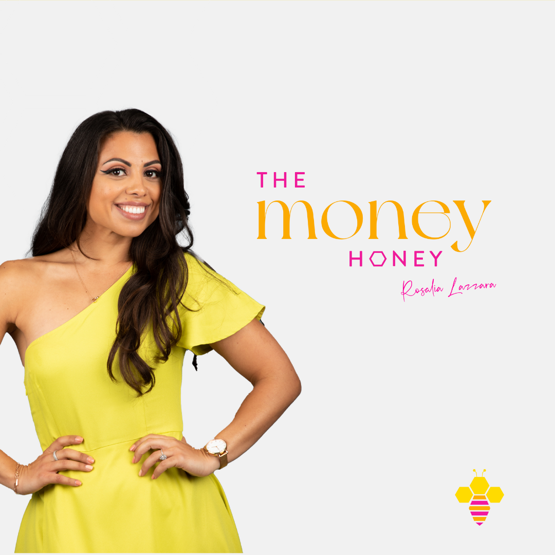 Portrait of a smiling woman in a yellow dress with long dark hair, standing next to the title "The Money Honey" and the name "Rosaria Lanzaro," with a small bee graphic at the bottom right corner.