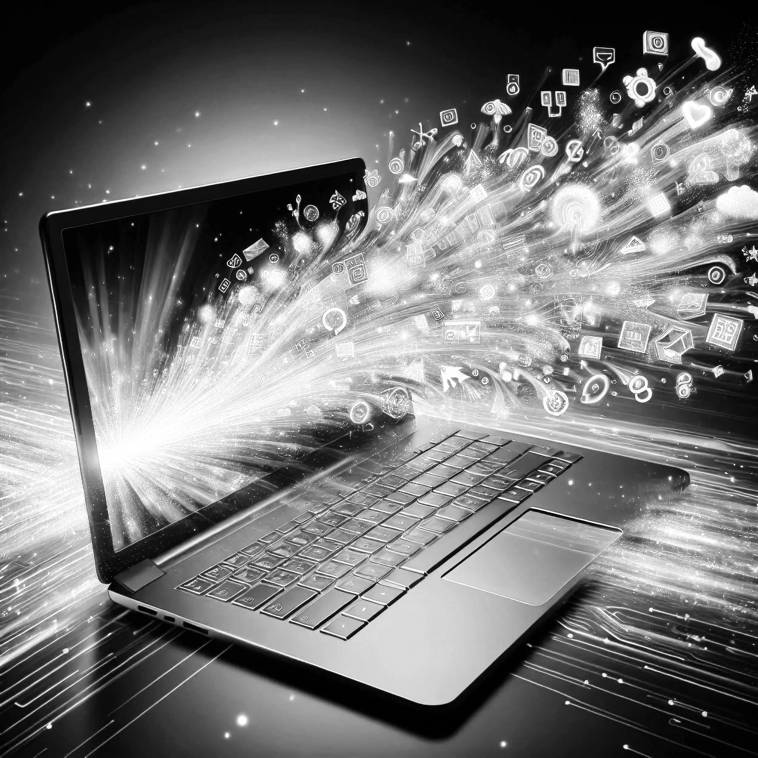 A laptop with digital icons and data flowing out from the screen, creating a futuristic, energetic scene.