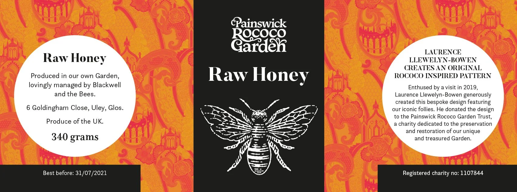 Label for Painswick Rococo Garden Raw Honey, including product details and origin, with a honeybee illustration on a decorative orange and yellow background.