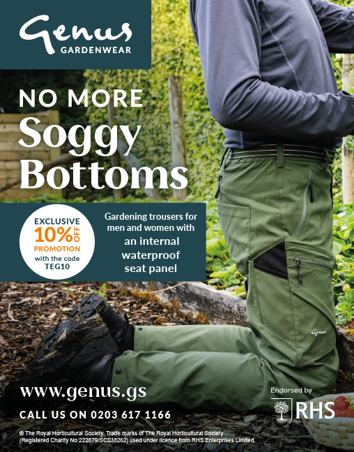 Advertisement for Genus Gardenwear featuring waterproof gardening trousers for men and women, with a promotion for 10% off using code TEG10, showing a person outdoors wearing green gardening trousers and a dark blue jacket, with soil and greenery in the background.