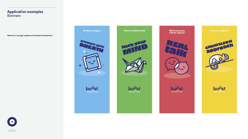Four colorful banners promoting mental health tips for students, each with an illustration and brief advice: a blue banner with a tablet and the phrase 'Treasure your breath,' a green banner with folded paper cranes and 'Back your mind,' a red banner with a smiling speech bubble and 'Real talk,' and a yellow banner with a chameleon and 'Champion approach.'