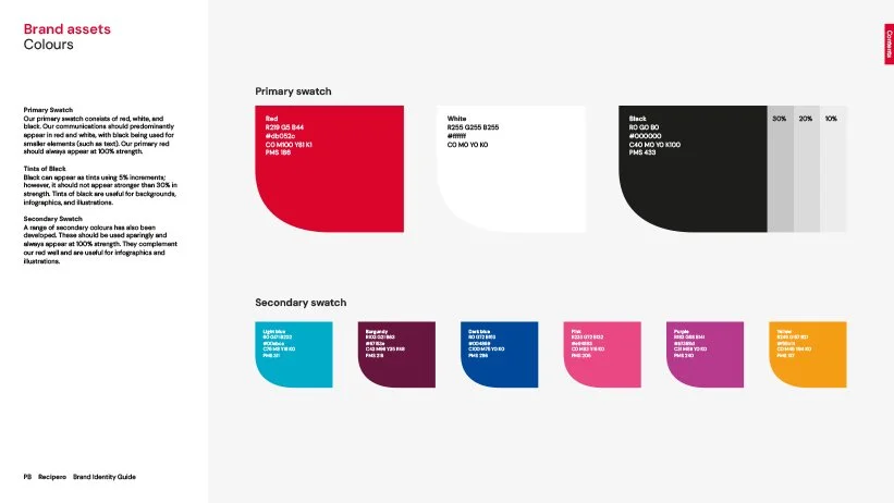 Image showing brand assets color palette with sections for primary and secondary swatches. The primary switch includes red, white, and black, with detailed color codes. The secondary swatch features blue, purple, pink, and orange, each with specified color codes.