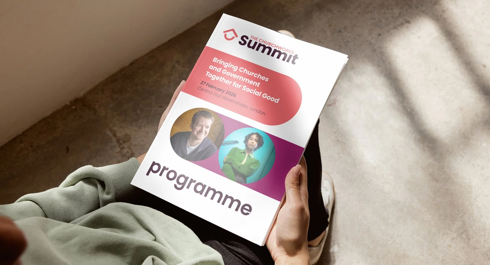 Program brochure titled "Churchworks Summit" featuring two headshots of speakers, with the theme "Bringing Churches and Government Together for Social Good," scheduled for February 27, 2026, at Central Hall Westminster, London.