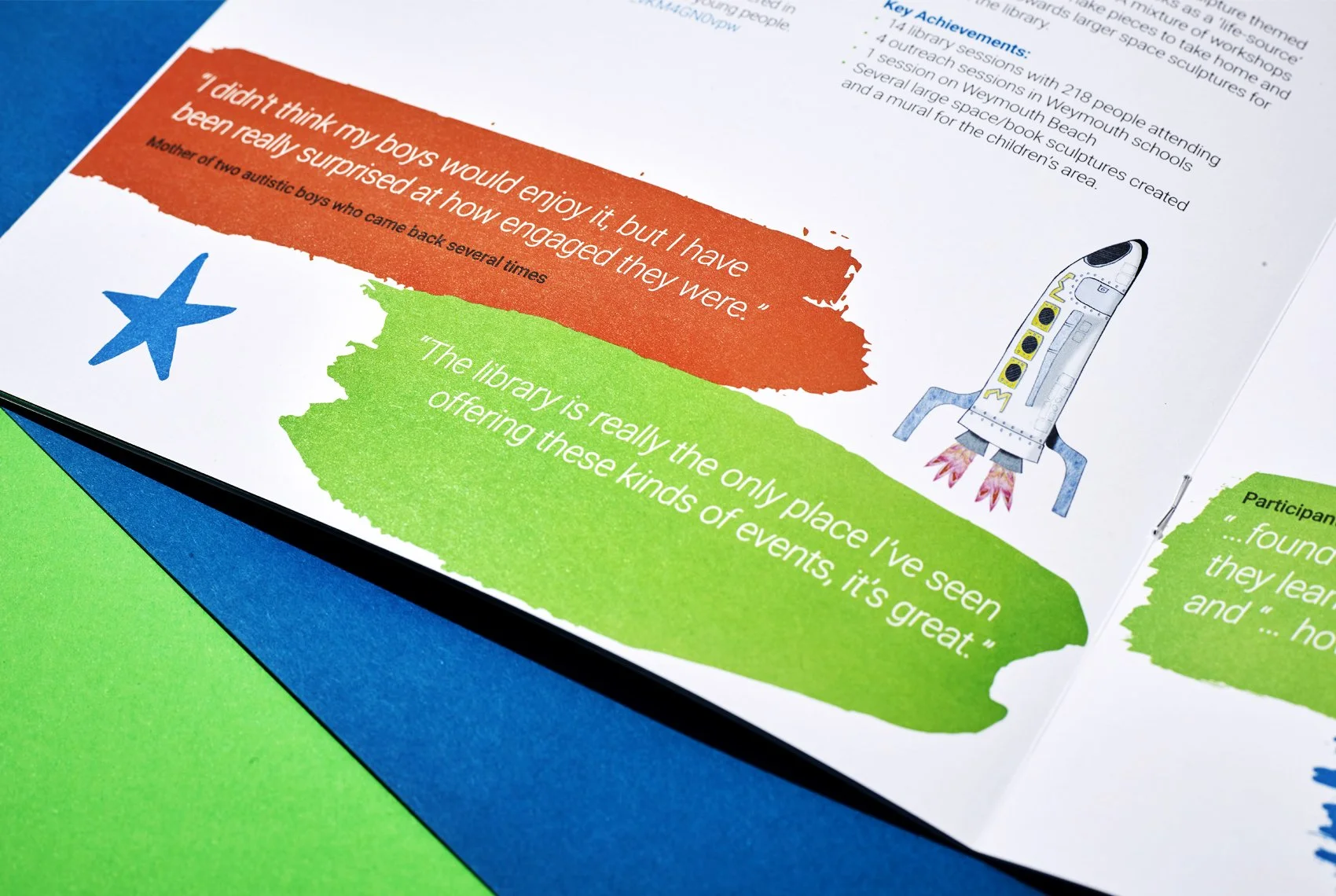 A brochure page with quotes in colored speech bubbles, a star illustration, and a drawing of a spaceship with flames, discussing library events and activities.