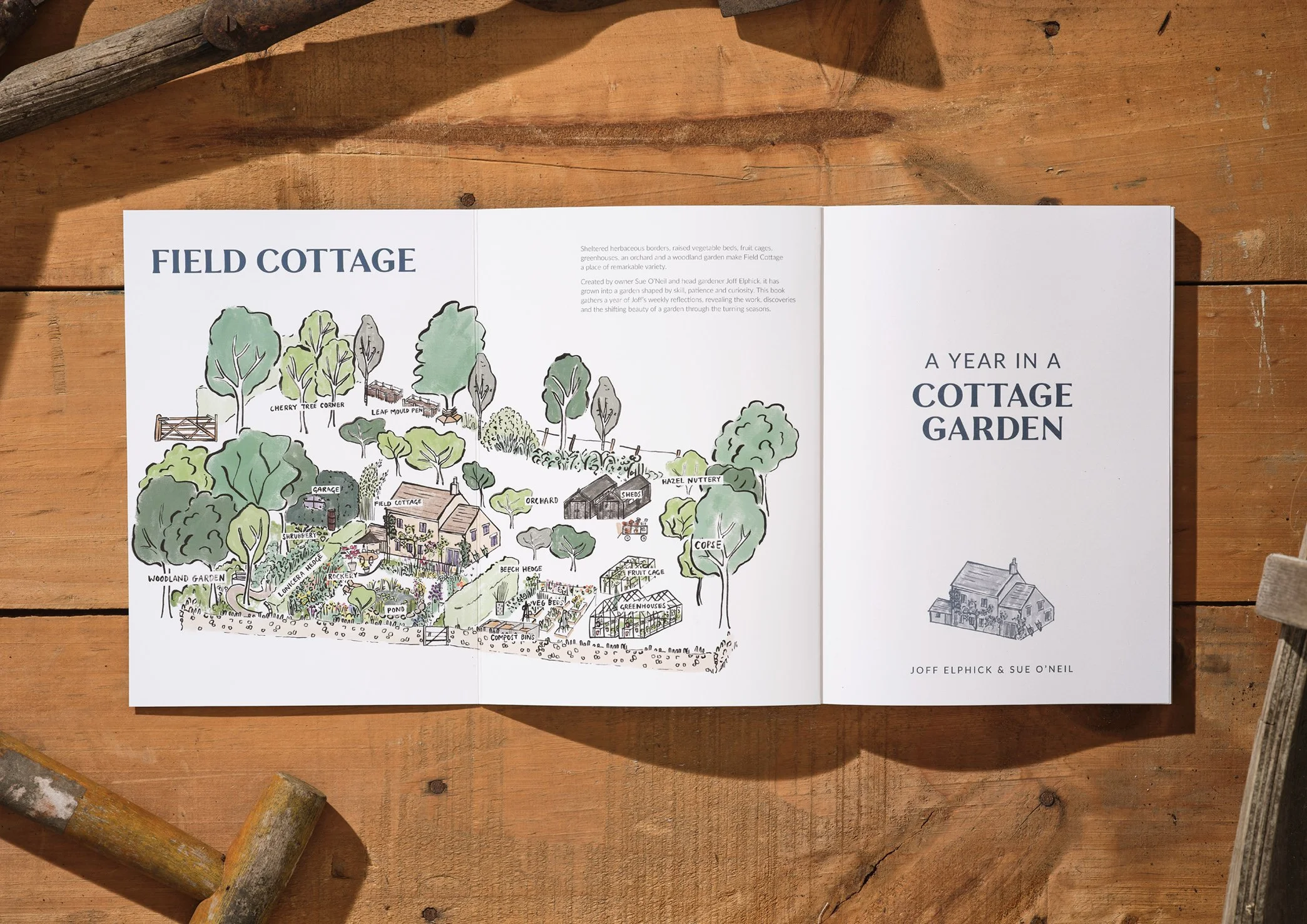 Open booklet showing a detailed illustrated map of a cottage garden with labeled areas like orchard, greenhouse, pond, woodland garden, and shed. The right page has the title 'A Year in a Cottage Garden' and the authors' names, Joff Elphick and Sue O'Neil.