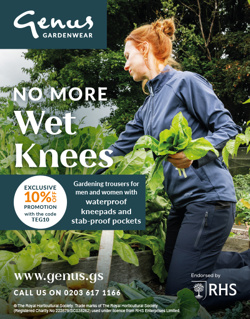 A woman gardening outdoors, wearing a waterproof navy blue gardening trousers with stab-proof pockets, surrounded by green plants.