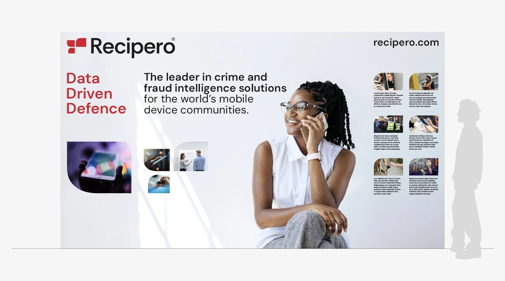 A promotional display for Recipero, a company specializing in crime and fraud intelligence solutions for mobile device communities. The display features the Recipero logo, website, and the tagline 'Data Driven Defence,' along with a smiling woman talking on her phone and several smaller images of people, technology, and security scenes.