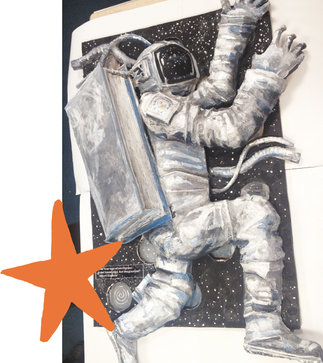 A detailed painting of an astronaut in a space suit lying on a starry background, holding an open book and surrounded by space-themed items.