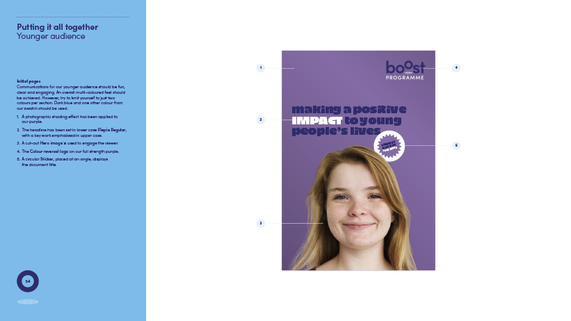 Brochure page with blue and purple background promoting a programme on making a positive impact on young people's lives, featuring a smiling young girl.