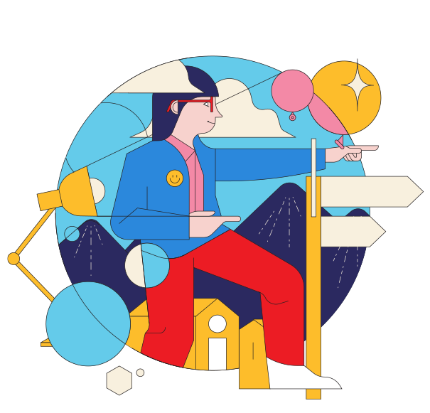 Illustration of a woman with dark hair, glasses, in a blue blazer and red pants, holding a tablet, sitting on a stylized mountain with directional signs, surrounded by stars, planets, and geometric shapes.