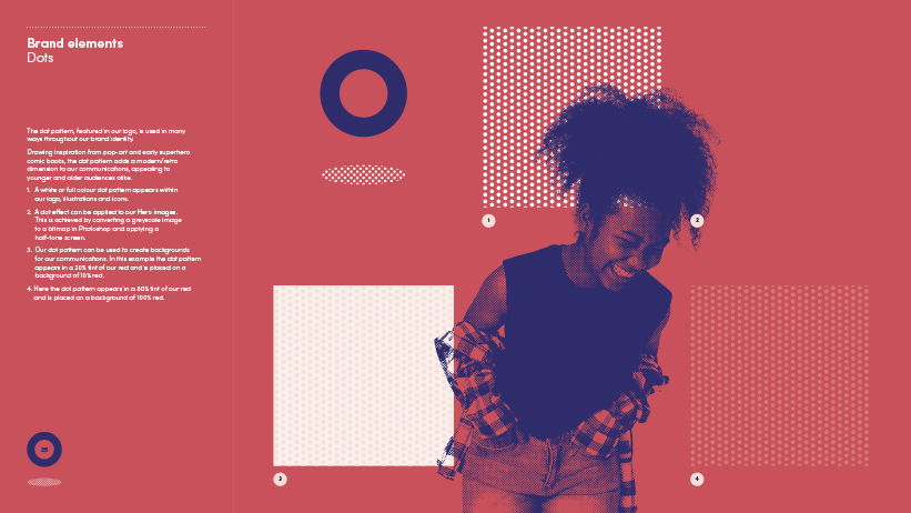 Graphic design elements with dots, a woman smiling, and textured square patterns in blue and white on a reddish background.