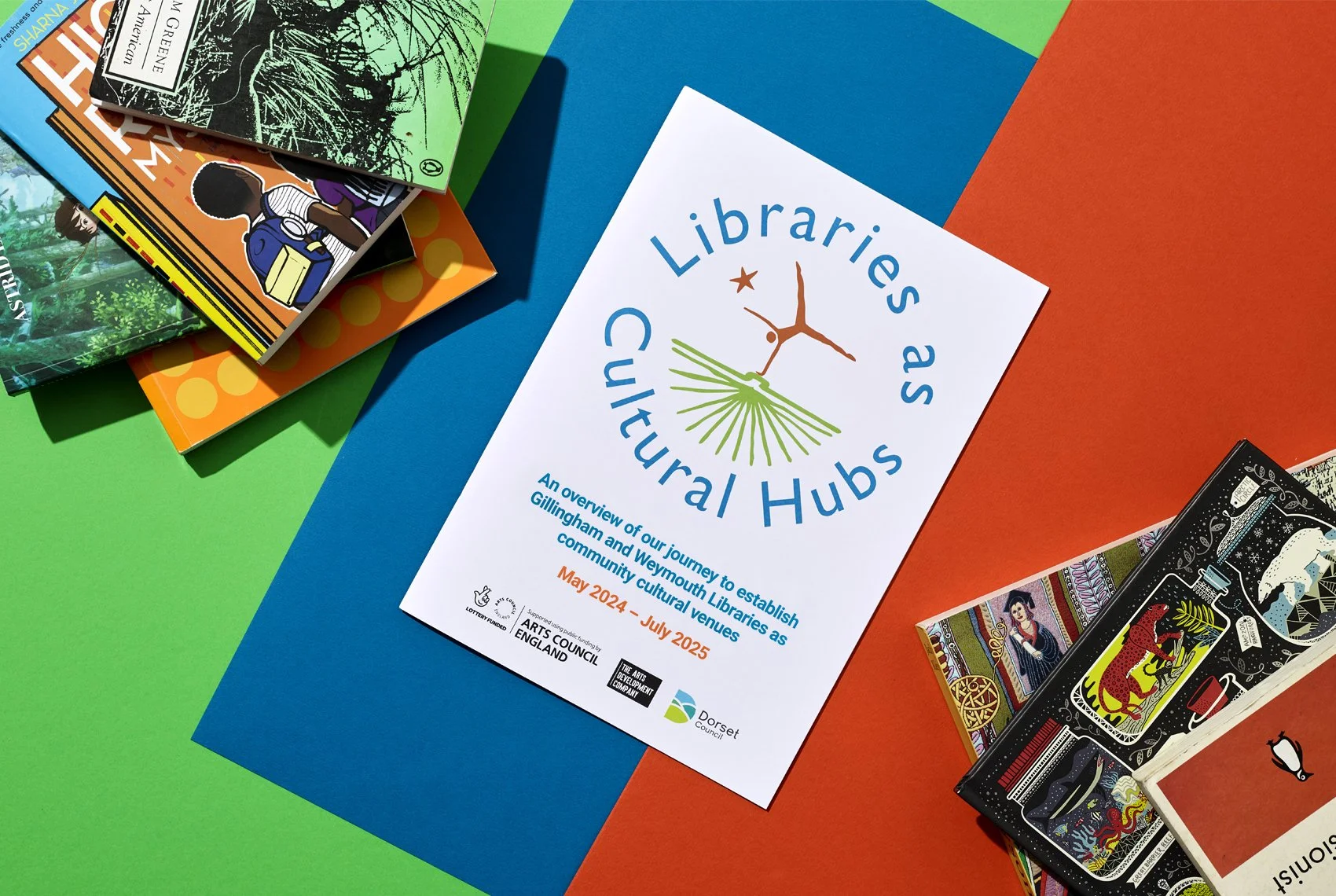 A white flyer titled 'Libraries as Cultural Hubs' with a logo of a tree and grass, placed on colorful paper backgrounds. Surrounding the flyer are several books with colorful covers, some featuring illustrations and text.