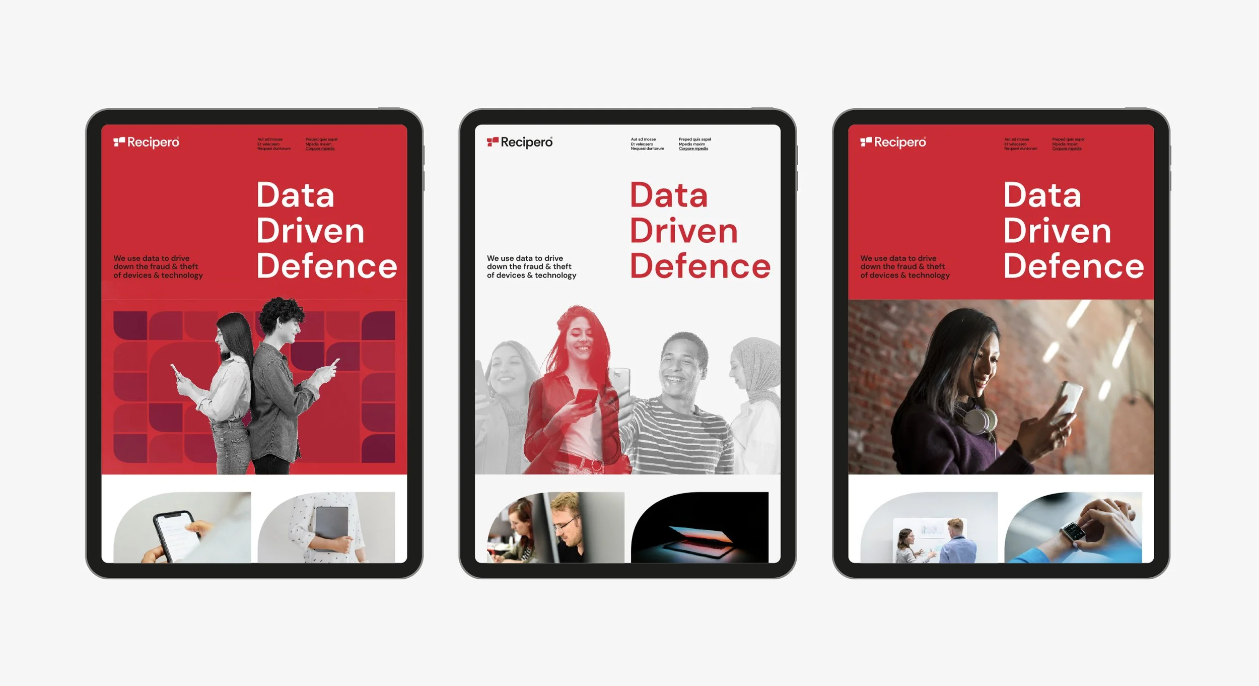 Three tablet screens displaying promotional content for Recipero with the title 'Data Driven Defence,' featuring images of people using mobile devices and technology in various settings.