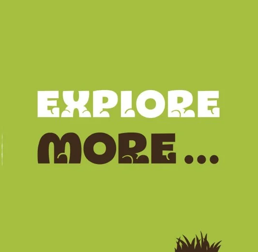 Green background with white and black text that says "Explore More" and an illustration of grass at the bottom right corner.